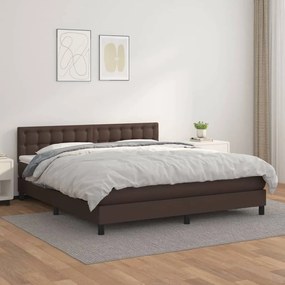 Pat box spring cu saltea, maro, 180x200 cm, piele ecologica Maro, 180 x 200 cm, Nasturi de tapiterie