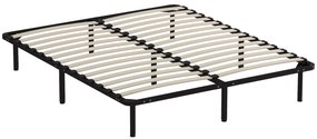 HOMCOM Pat Matrimonial Industrial cu 28 de Doghe și Spațiu de Depozitare, din Lemn și Oțel, 190x160x31 cm, Negru și Lemn | Aosom Romania