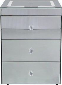 RESIGILAT- Noptieră inteligentă multifuncțională, din sticla tip oglindă, 3 sertare, LED-uri tactile, 3 tipuri de culoare, încărcare fără fir si USB, Difuzor Bluetooth, sticla securizata, 40x40x60 cm
