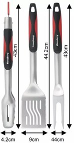 Set 3 ustensile pentru gratar Klausberg BBQ KB 7899, Cleste, Furculita, Spatula, Orificiu de agatat, Otel inoxidabil, Negru/Rosu
