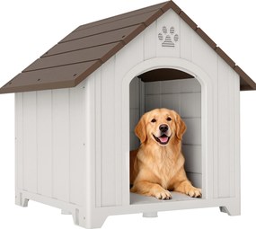 PawHut Casetă pentru câini de exterior Casă pentru câini mari din plastic cu 2 ferestre Bază ridicată Țăruși Maro închis | Aosom Romania