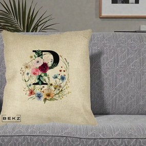 Cadou Personalizat - Perna Personalizata Monogram Litera P cu Flori Acuarela, 40x40 cm, Crem, Husa Detasabila, Perna Inclusa, BEKZ®