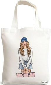 Sacosa de Panza pentru Cumparaturi, Geanta Tote Travel Girl 4, 38x34.5 cm, Alba, BEKZ®