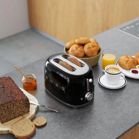 Prajitor de paine SMEG 50's Style TSF01BLEU, 950 W, 2 felii, 6 trepte, Tava pentru firimituri, Cablu integrat, Otel inoxidabil, Negru