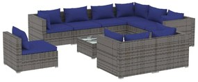Set mobilier de gradina cu perne, 10 piese, gri, poliratan gri si bleumarin, 4x mijloc + 5x colt + masa, 1