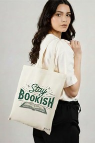 Sacosa de Panza pentru Cumparaturi, Geanta Tote, model Stay bookish 38 x 34.5 cm, Alba, BEKZ®