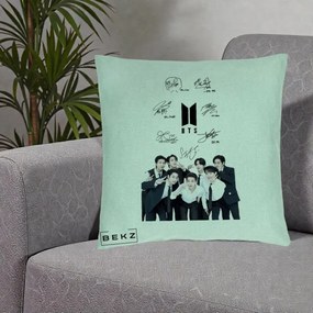 Perna Personalizata K-pop BTS Autografe Toti Membrii cu Fotografie, 40x40 cm, Verde Menta, Husa Detasabila, Perna Inclusa, BEKZ®