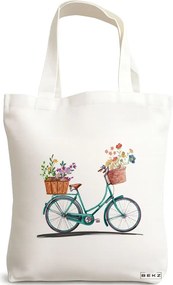 Sacosa de Panza pentru Cumparaturi, Geanta Tote, model Artistic Bicycle, 38x34.5 cm, Alba, BEKZ®