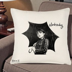 Perna Personalizata Wednesday Addams cu Umbrela Foto, 40x40 cm, Crem Reliefat, Husa Detasabila, Perna Inclusa, BEKZ®