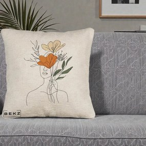 Perna Decorativa Portret Feminin Coroana Florala, 40x40 cm, Bej Canapea, Husa Detasabila, Perna Inclusa, BEKZ®