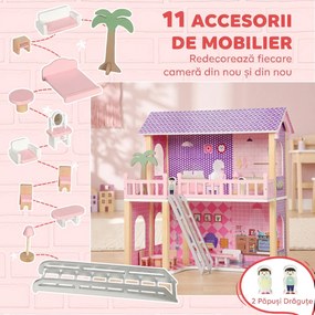 AIYAPLAY Căsuță din lemn pentru păpuși, pentru copii, 2 niveluri, 11 piese de mobilier și 2 păpuși, cadou 3-6 ani, roz | Aosom Romania