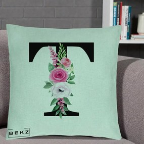 Cadou Personalizat - Perna Personalizata Monograma Florala Litera T, 40x40 cm, Verde Menta, Husa Detasabila, Perna Inclusa, BEKZ®
