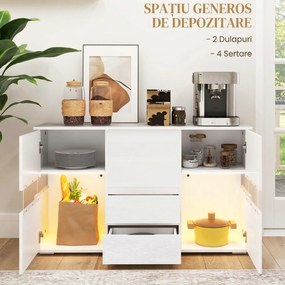 HOMCOM Bufet cu Lumini LED Reglabile prin Telecomandă, Mobilier de Sufragerie cu 4 Sertare și 2 Dulapuri, 120x34x70 cm, Alb | Aosom Romania