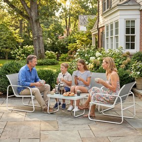 Outsunny Set de grădină exterior de 4 piese cu canapea de 2 locuri, 2 fotolii, masă cu sticlă securizată, textilene gri deschis | Aosom Romania