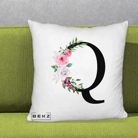 Cadou Personalizat - Perna Personalizata Monograma Florala Litera Q, 40x40 cm, Alb Pufos, Husa Detasabila, Perna Inclusa, BEKZ®