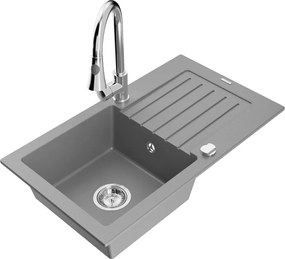 Mexen Pablo chiuvetă din granit cu 1 compartiment, cu scurgător și baterie de bucătărie Elia, gri - 6510-71-670101-00
