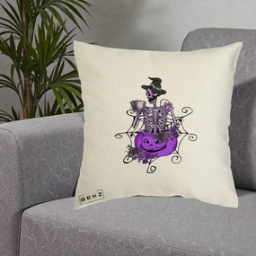 Perna Decorativa Schelet Vrajitor cu Dovleac Violet Halloween, 40x40 cm, Ecru, Husa Detasabila, Perna Inclusa, BEKZ®
