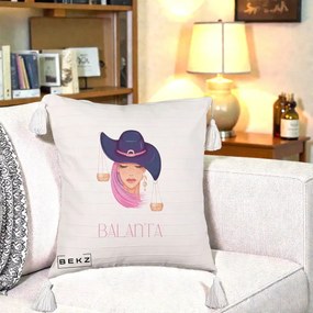 Perna Personalizata Zodiac Balanta Cowgirl, 40x40 cm, Bej cu Franjuri, Husa Detasabila, Perna Inclusa, BEKZ®