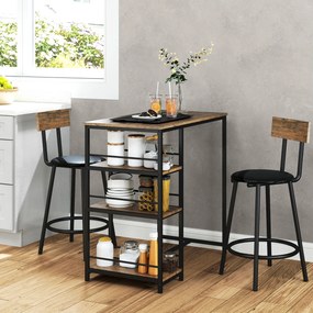 HOMCOM Set de 3 piese pentru bucatarie cu bar si 2 scaune, Set de bucatarie compact cu rafturi laterale, MDF, Metal, Stejar | Aosom Romania