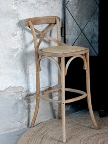 Scaun de bar, din lemn de mango si rattan, cu aspect vintage, Old French