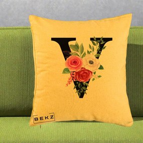 Cadou Personalizat - Perna Personalizata Monograma Florala Litera V cu Buchet, 40x40 cm, Galben, Husa Detasabila, Perna Inclusa, BEKZ®