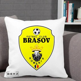 Perna Personalizata FC Brasov Fotbal Romania, 40x40 cm, Alba Mata, Husa Detasabila, Perna Inclusa, BEKZ®