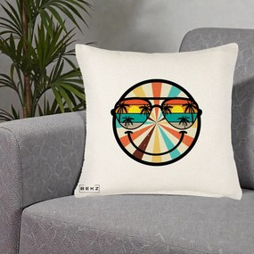 Perna Decorativa Smiley Face Retro Sunset Palmieri, 40x40 cm, Crem Reliefat, Husa Detasabila, Perna Inclusa, BEKZ®