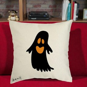 Perna Decorativa Halloween Fantoma Neagra cu Ochi Portocalii, 40x40 cm, Ecru, Husa Detasabila, Perna Inclusa, BEKZ®
