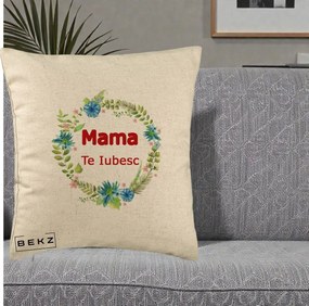 Cadou pentru Mama - Perna Personalizata Mama Te Iubesc Flori Albastre, 40x40 cm, Bej, Husa Detasabila, Perna Inclusa, BEKZ®