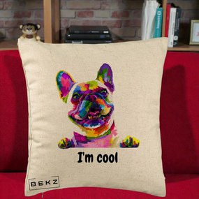 Perna Personalizata Bulldog Francez I'm Cool, 40x40 cm, Bej, Husa Detasabila, Perna Inclusa, BEKZ®