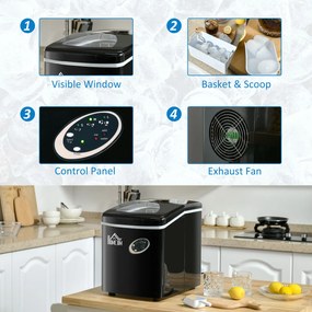 HOMCOM Mașină de Făcut Gheață Rapidă 15kg/24h Compactă Ușor de Utilizat Negru | Aosom Romania