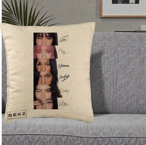 Perna Personalizata K-pop KATSEYE Semnaturi fara Foto, 40x40 cm, Bej, Husa Detasabila, Perna Inclusa, BEKZ®