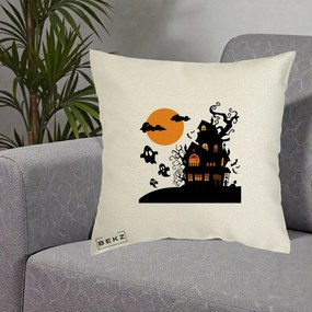 Perna Decorativa Halloween Casa Bantuita cu Fantome, 40x40 cm, Ecru, Husa Detasabila, Perna Inclusa, BEKZ®