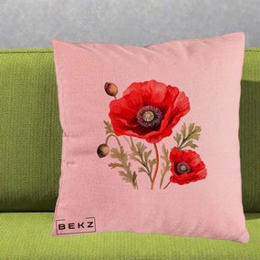 Perna Decorativa Maci Rosii Acuarela, 40x40 cm, Roz, Husa Detasabila, Perna Inclusa, BEKZ®