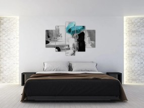Tablou - Cuplu în dragoste cu umbrelă, albastru (150x105 cm)