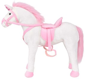 Jucarie unicorn din plus in picioare, alb si roz, XXL