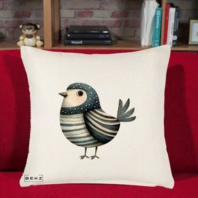 Perna Decorativa Pasare Teal Decorativa Dungata, 40x40 cm, Crem Reliefat, Husa Detasabila, Perna Inclusa, BEKZ®