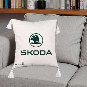 Perna Personalizata cu emblema Skoda, 40x40 cm, Bej cu Franjuri, Husa Detasabila, Perna Inclusa, BEKZ®