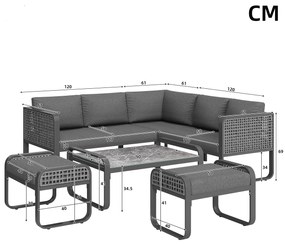 Set de lounge pentru grădină pentru 6-7 persoane, mobilier din ratan cu cadru din fier galvanizat și picioare reglabile, inclusiv perne de șezut și spătar, Gri
