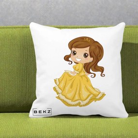 Perna Decorativa Printesa Bella Rochie Aurie, 40x40 cm, Alba Mata, Husa Detasabila, Perna Inclusa, BEKZ®