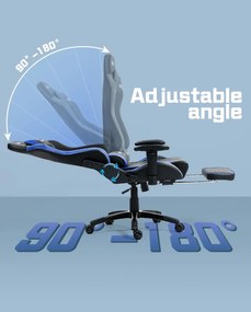 DOWINX Scaun gaming, ergonomic, suport lombar cu masaj, spătar rabatabil 90-180°, cotiere reglabile, suport pentru picioare, rezistent 150 kg, piele PU, Negru/Albastru