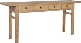 Consolă din lemn masiv de ulm, natur, blat lung, 4 sertare cu mânere metalice, picioare drepte cu traverse, finisaj natural, 85 x 200 x 42 cm,