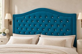 Pat tapițat Chesterfield din catifea Solaria Deluxe Cristal 120×200 cm, turcoaz, cu ladă de depozitare