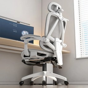Scaun ergonomic, suport lombar dinamic, tetieră 3D, cotiere de legatura, umeras, pivotant, Mesh, Alb/Gri