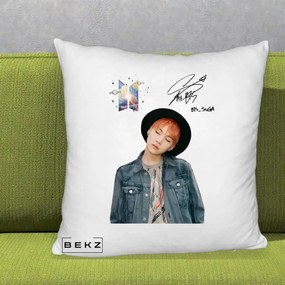 Perna Personalizata K-pop BTS Suga par Portocaliu Palarie Autograf, 40x40 cm, Alb Pufos, Husa Detasabila, Perna Inclusa, BEKZ®