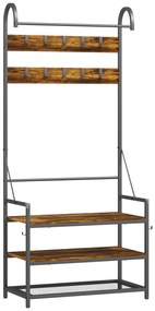 HOMCOM Suport de Haine de Intrare cu Bară, 10 Cârlige Mobile, Bancă și Raft pentru Încălțăminte, Mobilier în Pal și Metal, Design Industrial, 80x40x182 cm, Maro și Negru | Aosom Romania