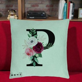 Cadou Personalizat - Perna Personalizata Monograma Florala Litera P, 40x40 cm, Verde Menta, Husa Detasabila, Perna Inclusa, BEKZ®