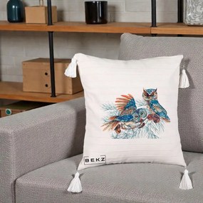 Perna Decorativa Bufnite de Iarna Albastre, 40x40 cm, Bej cu Franjuri, Husa Detasabila, Perna Inclusa, BEKZ®