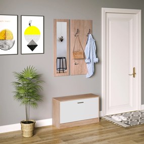 HOMCOM Set 3 Piese Dulap Pantofi cu Cuier si Oglinda pentru Hol in Lemn, 80x27x46.5cm | Aosom Romania