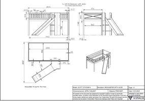 Pat ridicat pentru copii SCOTT, alb, 90 x 200 cm, din pin scandinav și MDF, cu scară frontală, tobogan, perdea de joacă și tunel ASTRO – Vipack